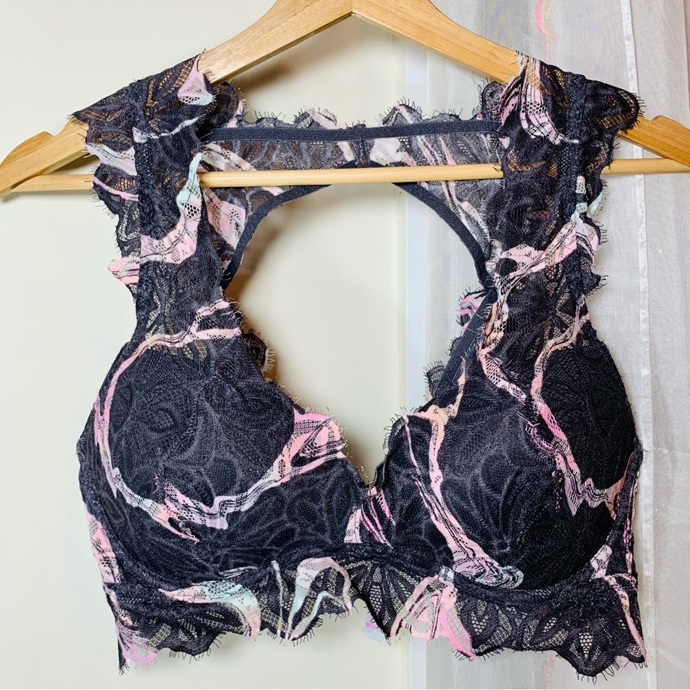 VS Pink Racerback Lace Bra - Large - Gray Marbled Pink